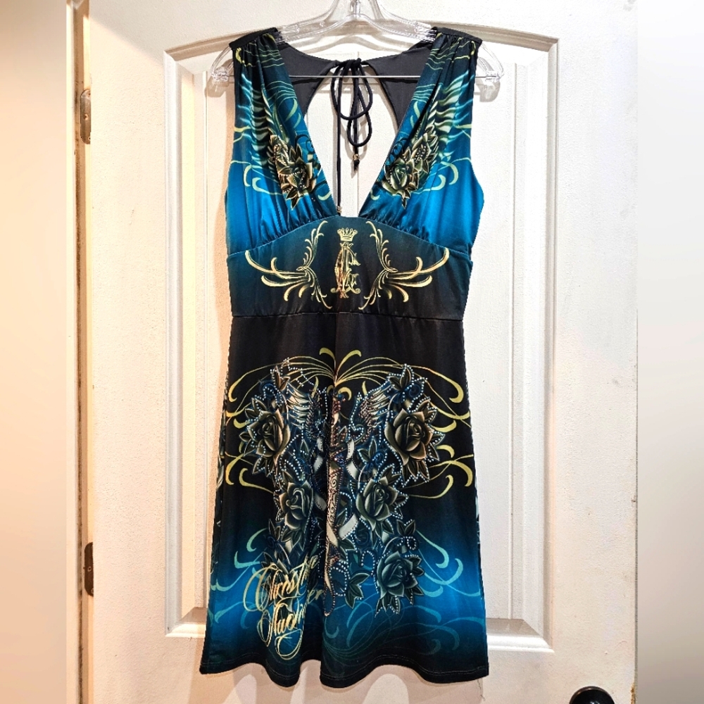 Blue and Black Sleeveless Dress with Graphic Design